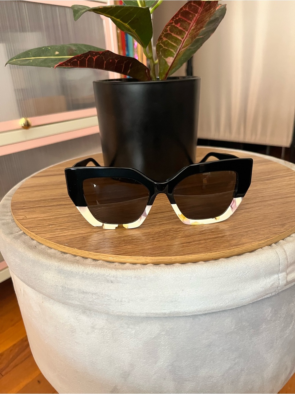 Hand Crafted Black Sunglasses with Pink and Cream Marble Trim